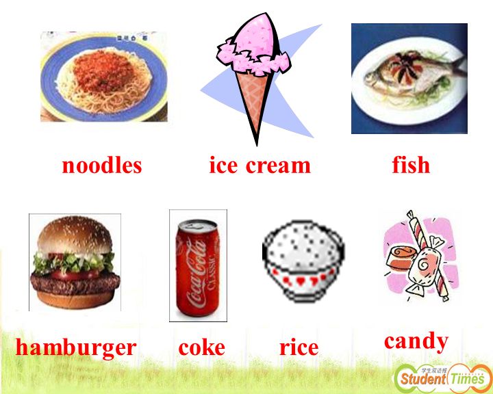 noodles ice cream fish candy hamburger coke rice