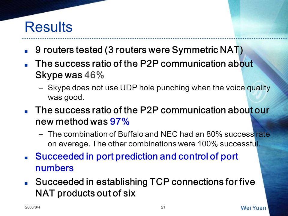 Results 9 routers tested (3 routers were Symmetric NAT)