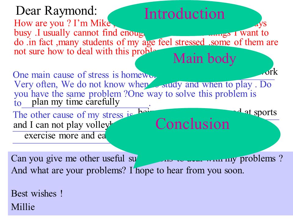Introduction Conclusion Main body Dear Raymond: