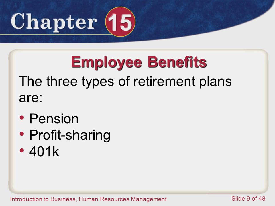 Employee Benefits The three types of retirement plans are: Pension