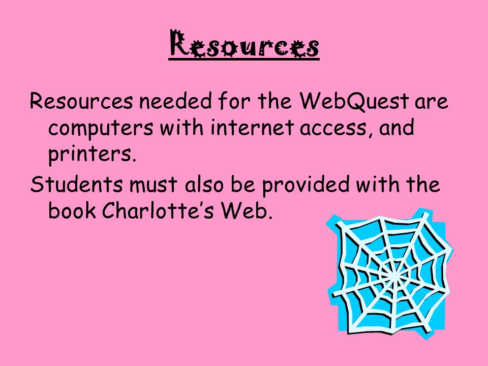 Resources Resources needed for the WebQuest are computers with internet access, and printers.
