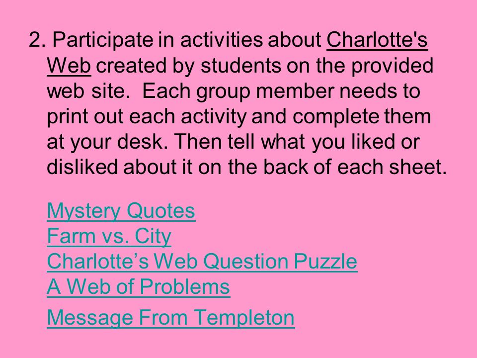 2. Participate in activities about Charlotte s Web created by students on the provided web site. Each group member needs to print out each activity and complete them at your desk. Then tell what you liked or disliked about it on the back of each sheet.