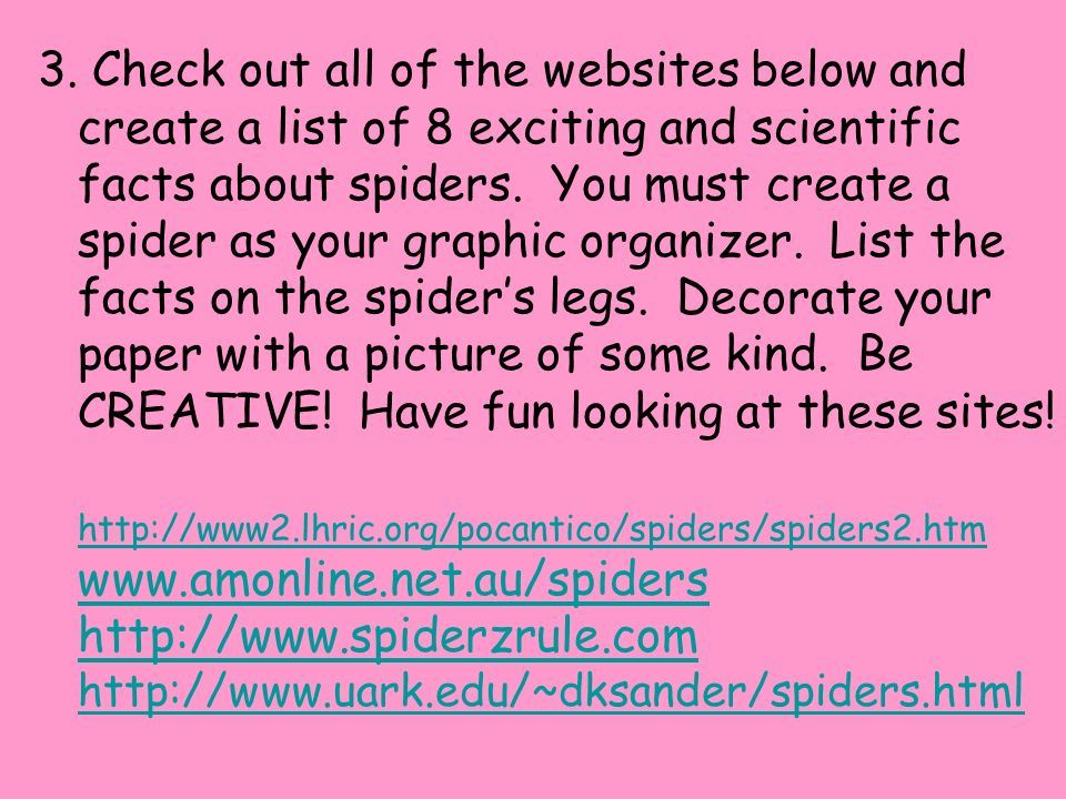3. Check out all of the websites below and create a list of 8 exciting and scientific facts about spiders. You must create a spider as your graphic organizer. List the facts on the spider’s legs. Decorate your paper with a picture of some kind. Be CREATIVE! Have fun looking at these sites!