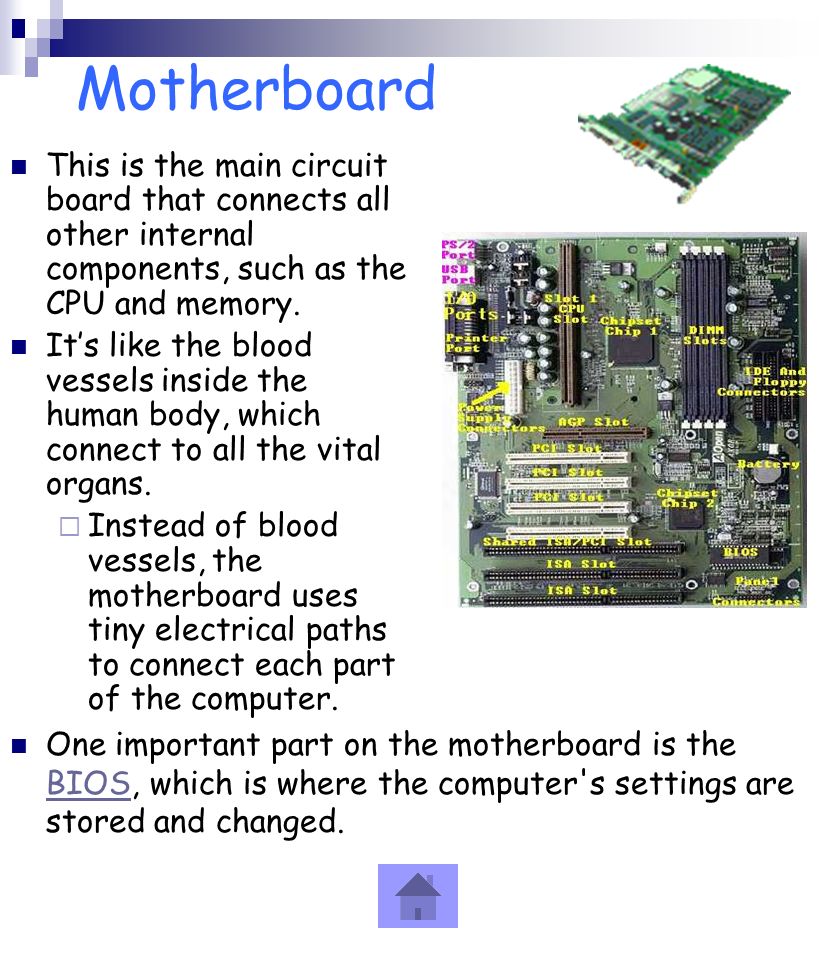 Motherboard This is the main circuit board that connects all other internal components, such as the CPU and memory.