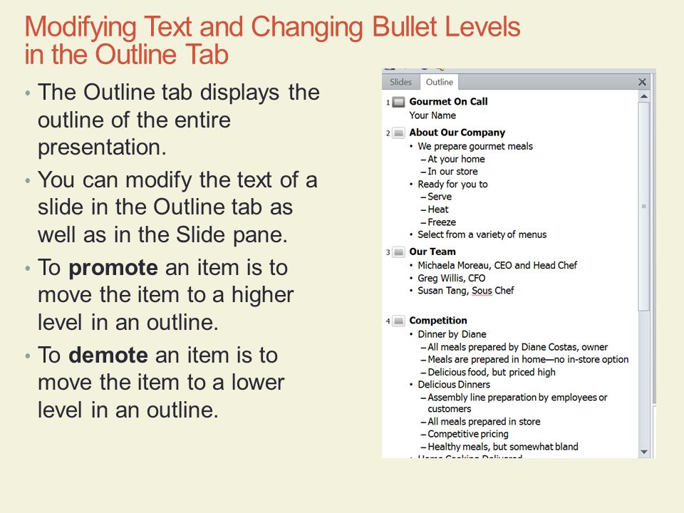 Modifying Text and Changing Bullet Levels in the Outline Tab