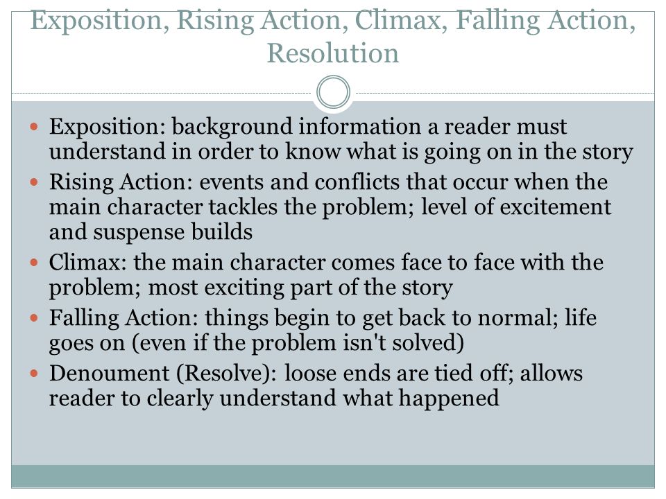 Exposition, Rising Action, Climax, Falling Action, Resolution
