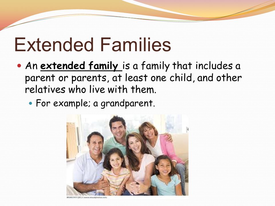 Extended Families An extended family is a family that includes a parent or parents, at least one child, and other relatives who live with them.