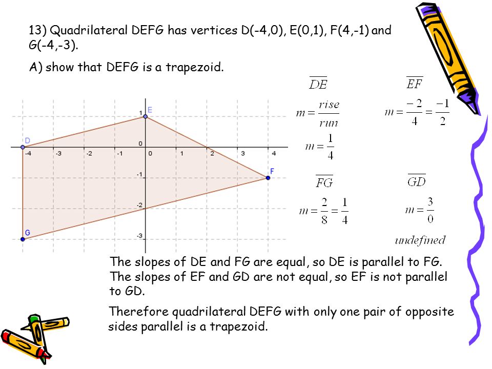13) Quadrilateral DEFG has vertices D(-4,0), E(0,1), F(4,-1) and G(-4,-3).