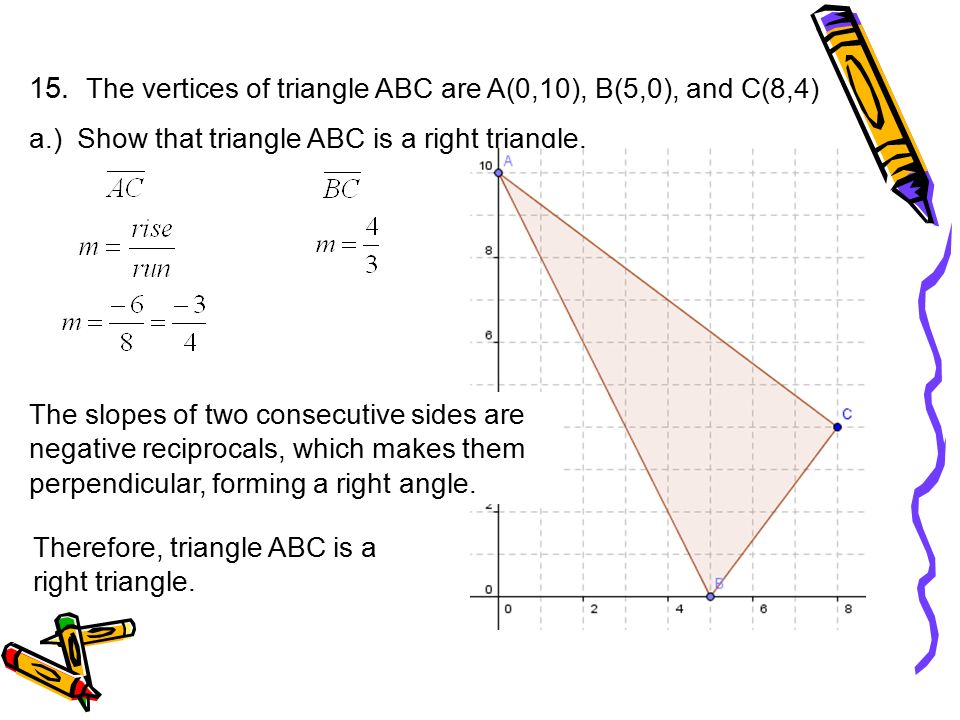 15. The vertices of triangle ABC are A(0,10), B(5,0), and C(8,4)