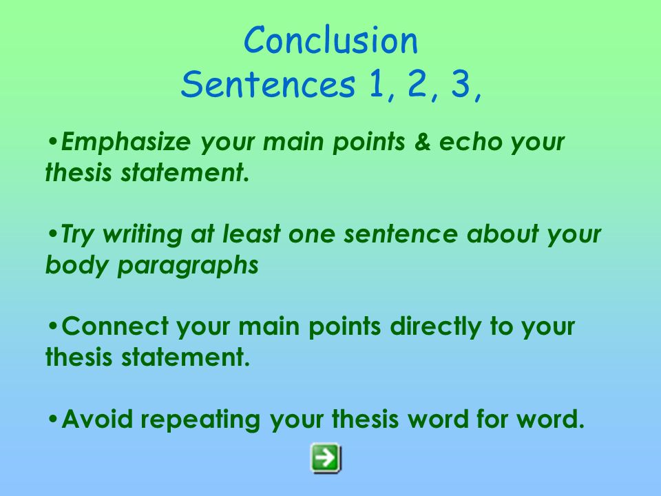 Conclusion Sentences 1, 2, 3, Emphasize your main points & echo your thesis statement. Try writing at least one sentence about your body paragraphs.