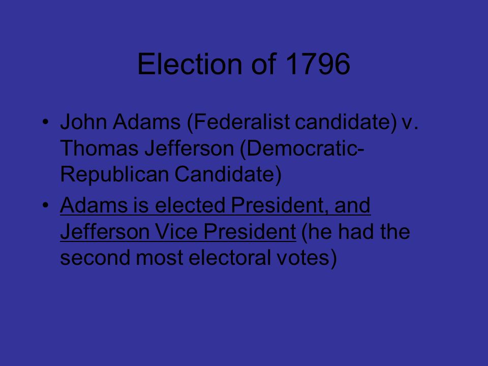 Election of 1796 John Adams (Federalist candidate) v. Thomas Jefferson (Democratic-Republican Candidate)