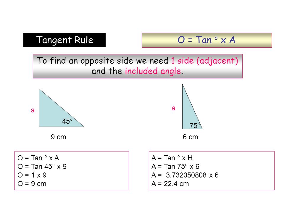 O = Tan o x A Tangent Rule. To find an opposite side we need 1 side (adjacent) and the included angle.