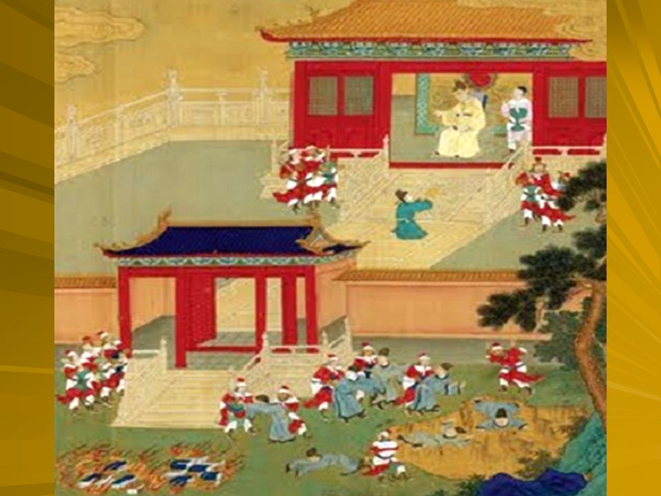 Confucian Scholars are buried alive under order of the Emperor (in yellow).