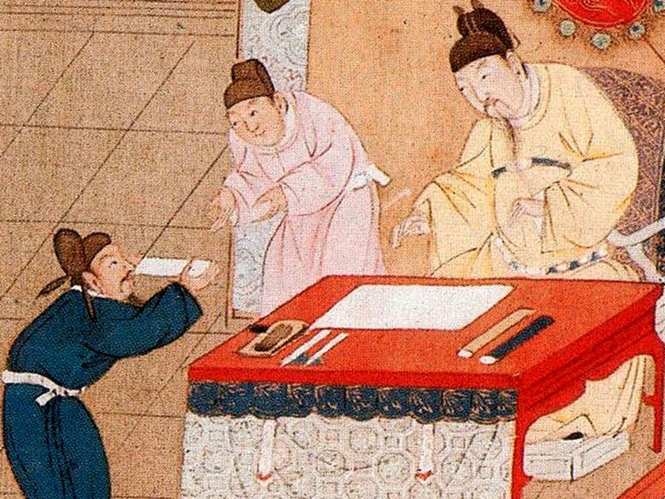 Chinese Emperor (in Yellow, the color of divinity) receiving the Civil Service test of a student of Confucian philosophy.