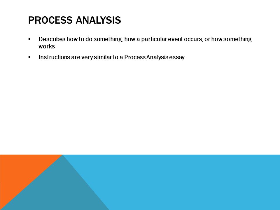Process Analysis Describes how to do something, how a particular event occurs, or how something works.