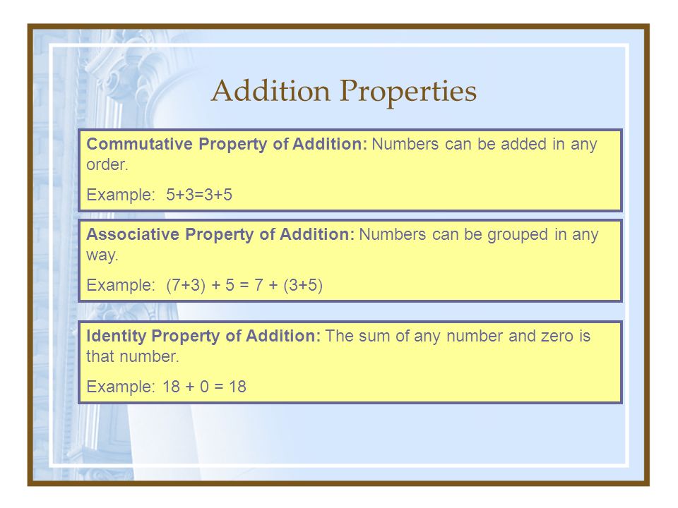 Addition Properties Commutative Property of Addition: Numbers can be added in any order. Example: 5+3=3+5.