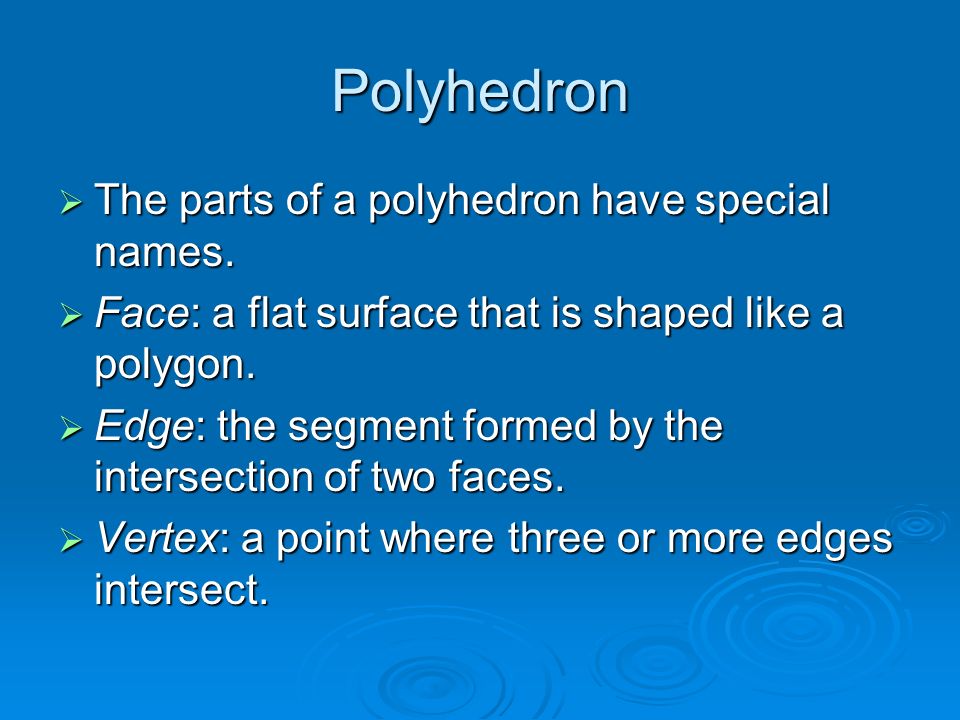 Polyhedron The parts of a polyhedron have special names.