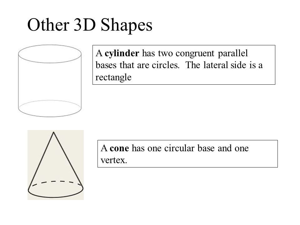 Other 3D Shapes A cylinder has two congruent parallel bases that are circles. The lateral side is a rectangle.