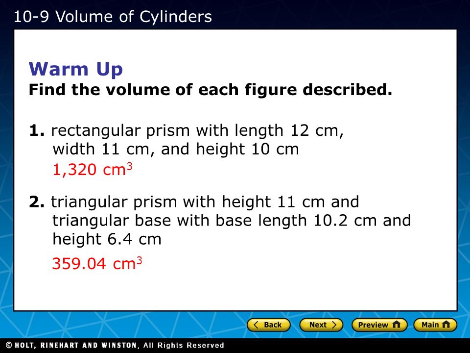 Warm Up 10-9 Volume of Cylinders