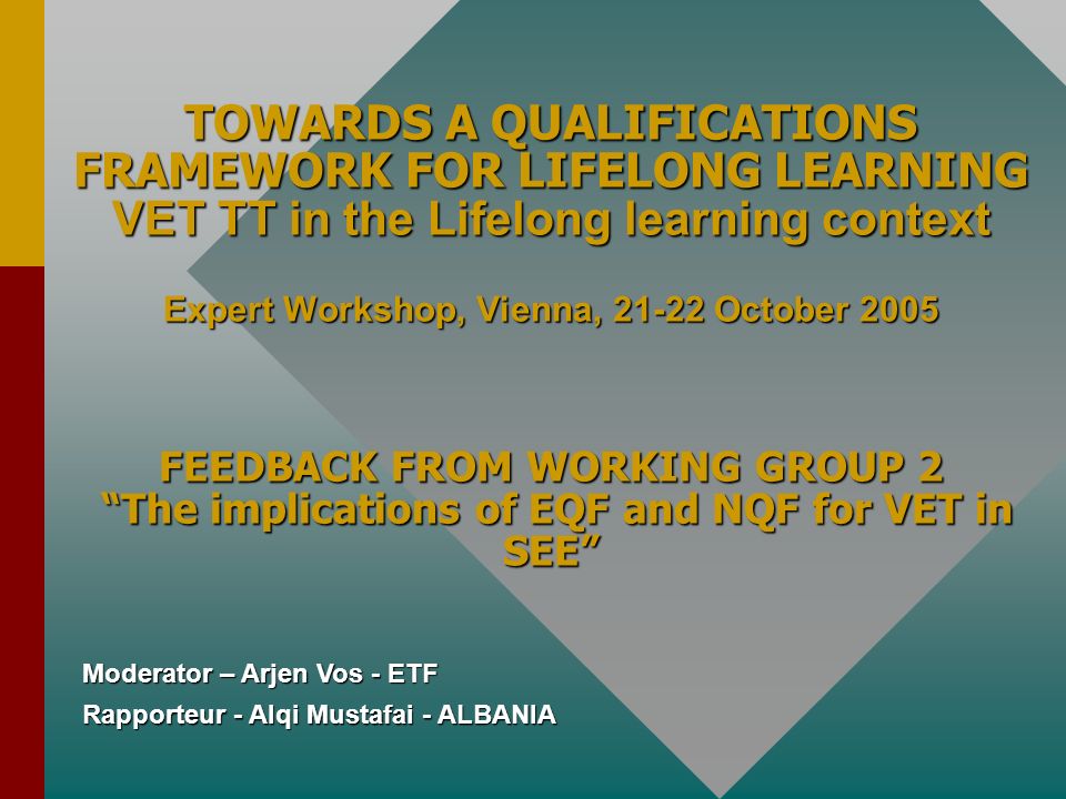 TOWARDS A QUALIFICATIONS FRAMEWORK FOR LIFELONG LEARNING VET TT in the Lifelong learning context Expert Workshop, Vienna, October 2005 FEEDBACK FROM WORKING GROUP 2 The implications of EQF and NQF for VET in SEE