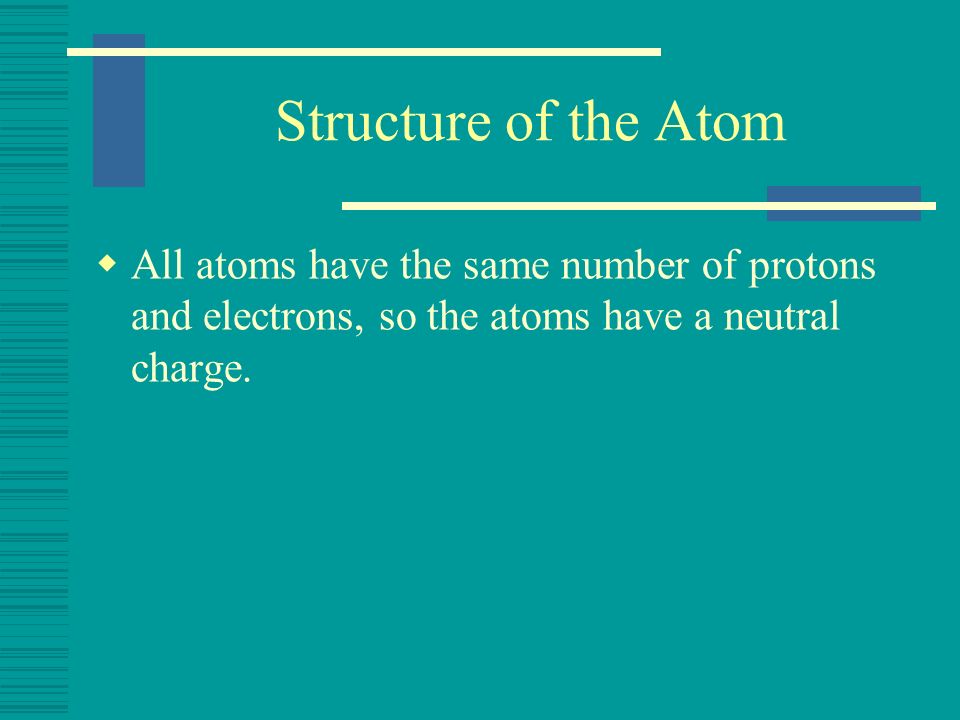 Structure of the Atom All atoms have the same number of protons and electrons, so the atoms have a neutral charge.