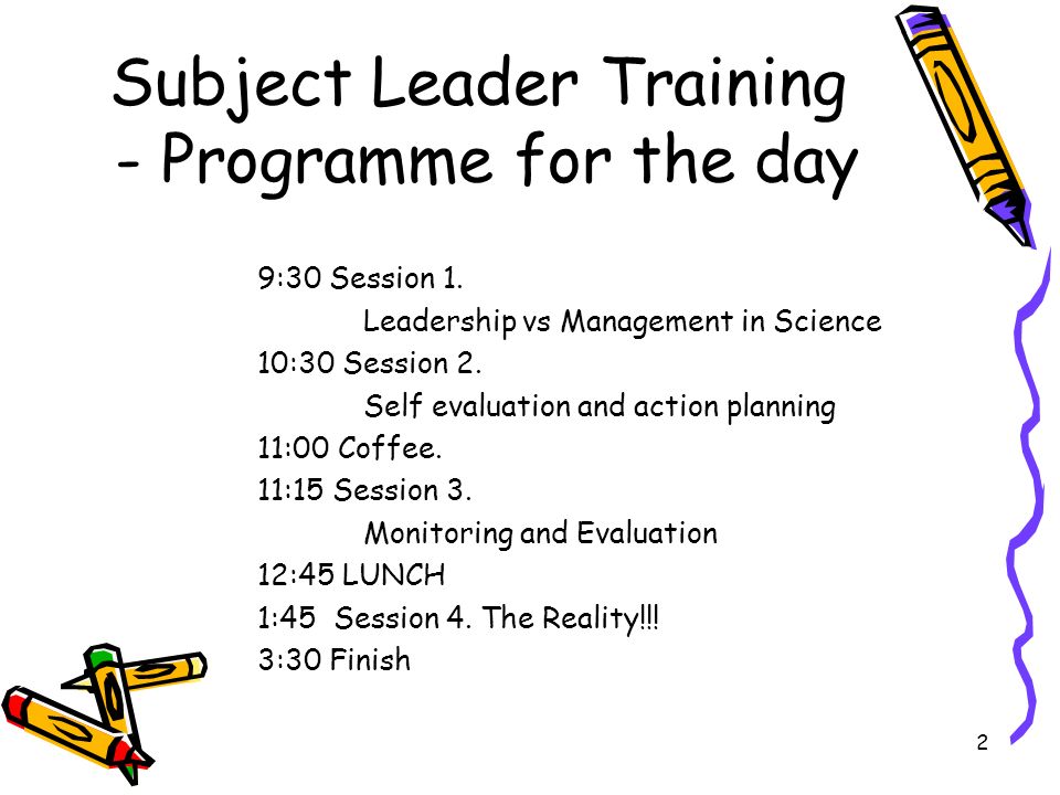 Subject Leader Training - Programme for the day