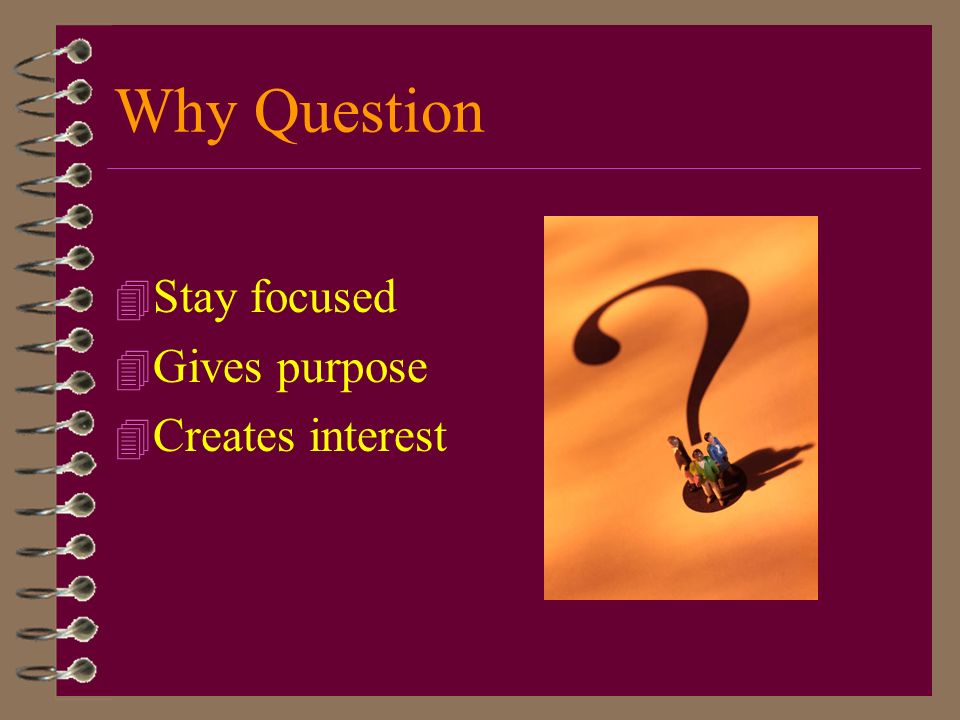 Why Question Stay focused Gives purpose Creates interest