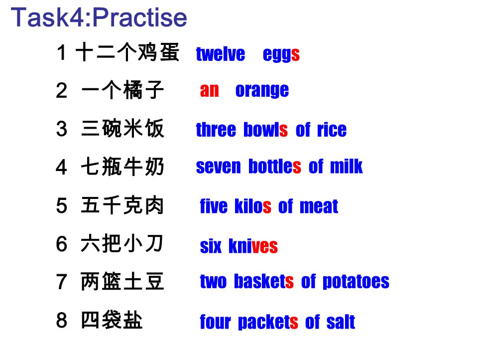Task4:Practise 1 十二个鸡蛋 一个橘子 三碗米饭 七瓶牛奶 五千克肉 六把小刀 两篮土豆 四袋盐 twelve eggs