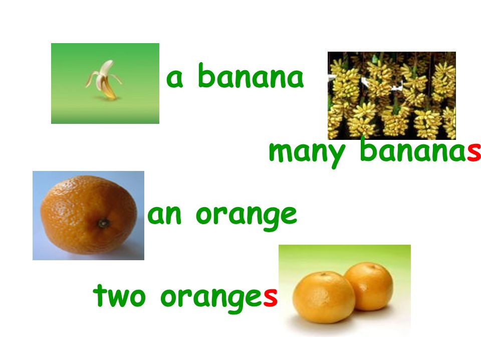a banana many bananas an orange two oranges