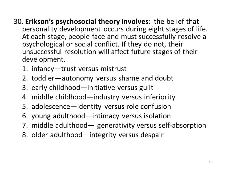 30. Erikson’s psychosocial theory involves: the belief that personality development occurs during eight stages of life. At each stage, people face and must successfully resolve a psychological or social conflict. If they do not, their unsuccessful resolution will affect future stages of their development.