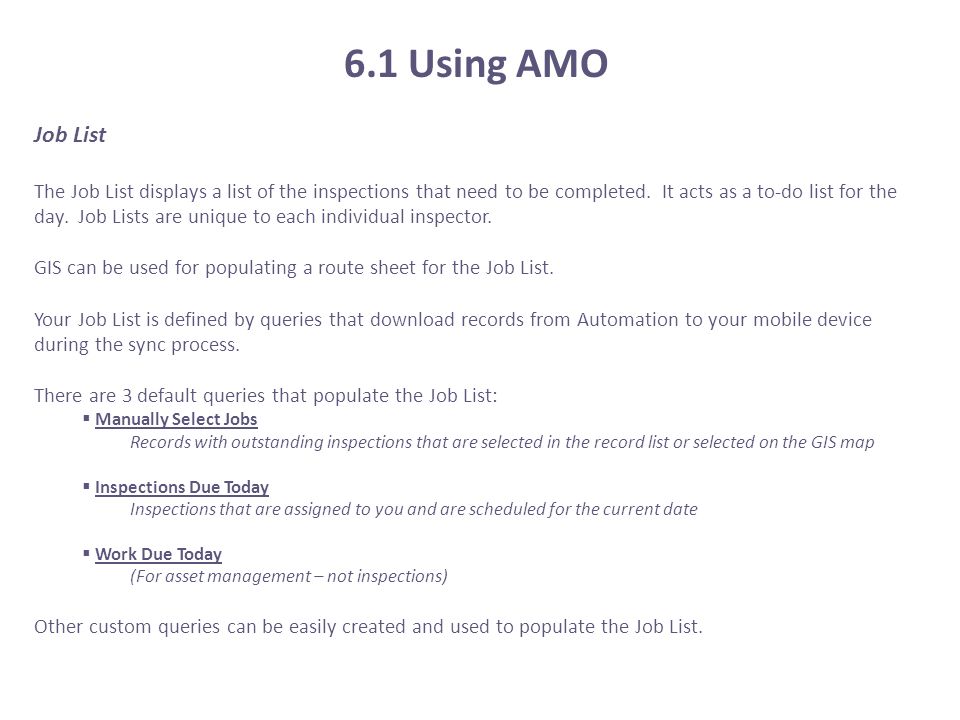6.1 Using AMO Job List.