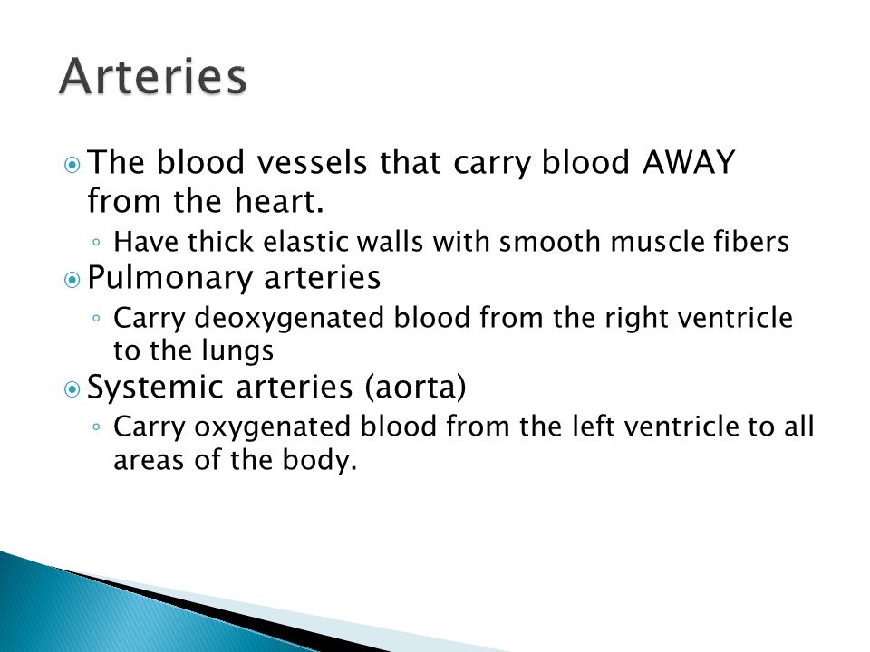 Arteries The blood vessels that carry blood AWAY from the heart.