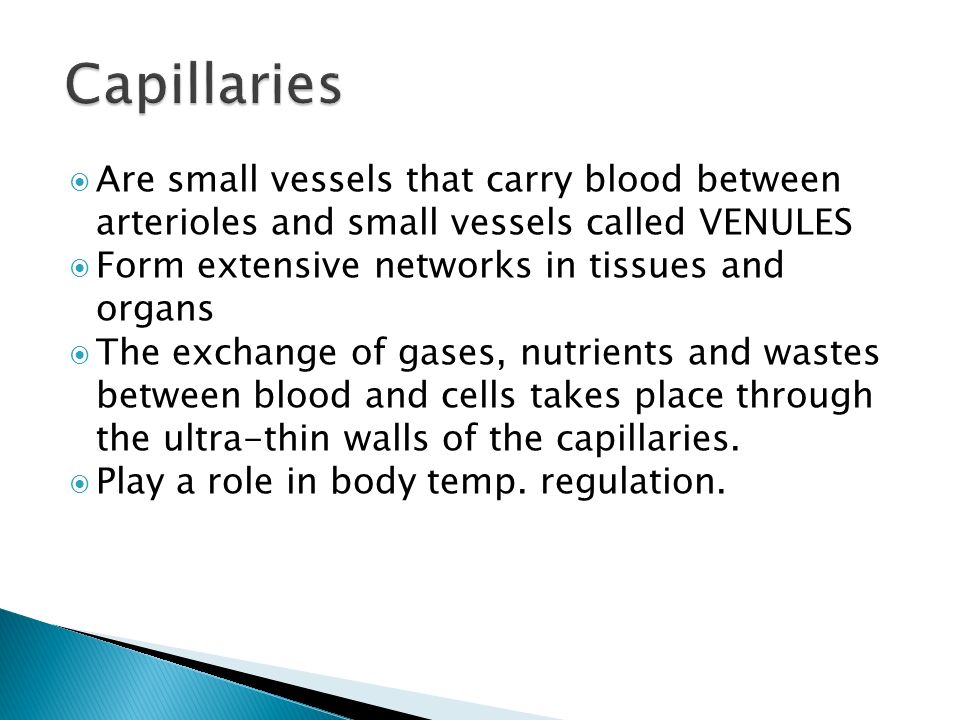 Capillaries Are small vessels that carry blood between arterioles and small vessels called VENULES.