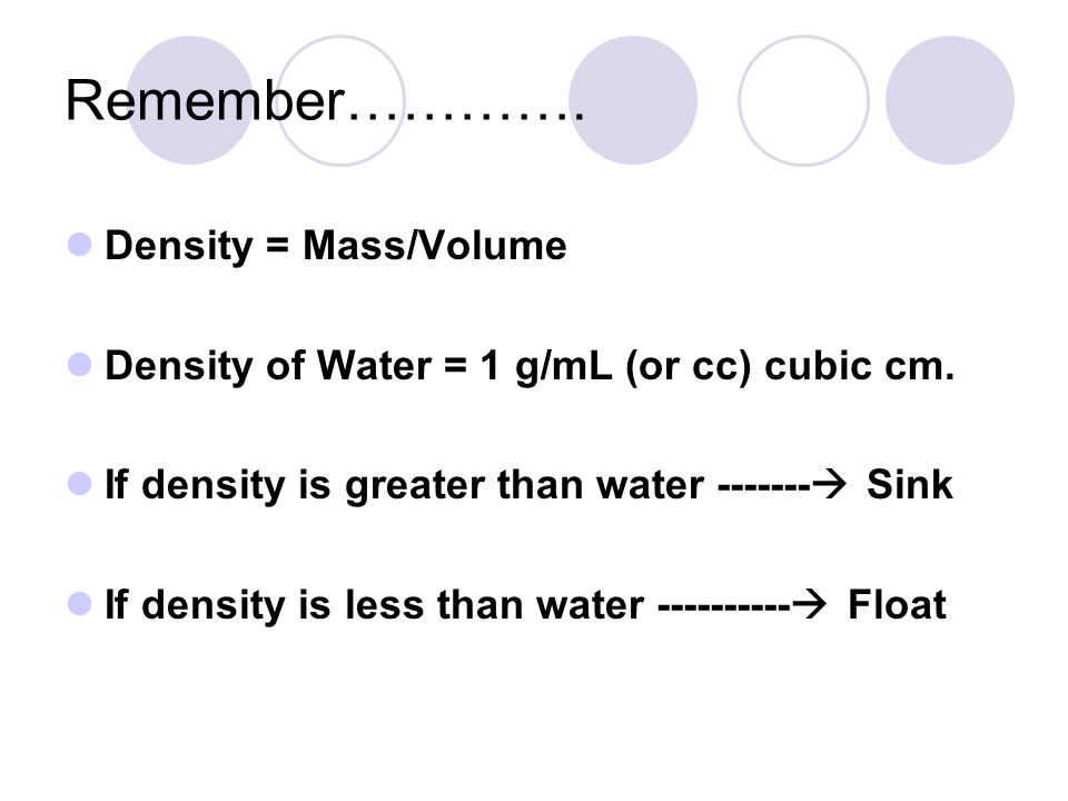 Remember…………. Density = Mass/Volume