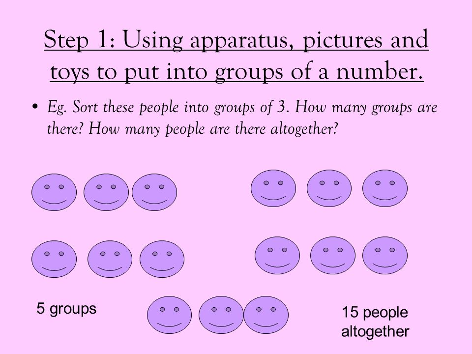 Step 1: Using apparatus, pictures and toys to put into groups of a number.