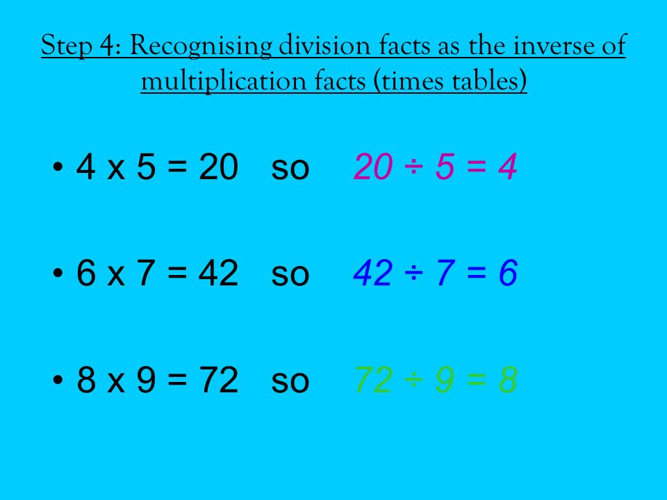 Step 4: Recognising division facts as the inverse of multiplication facts (times tables)