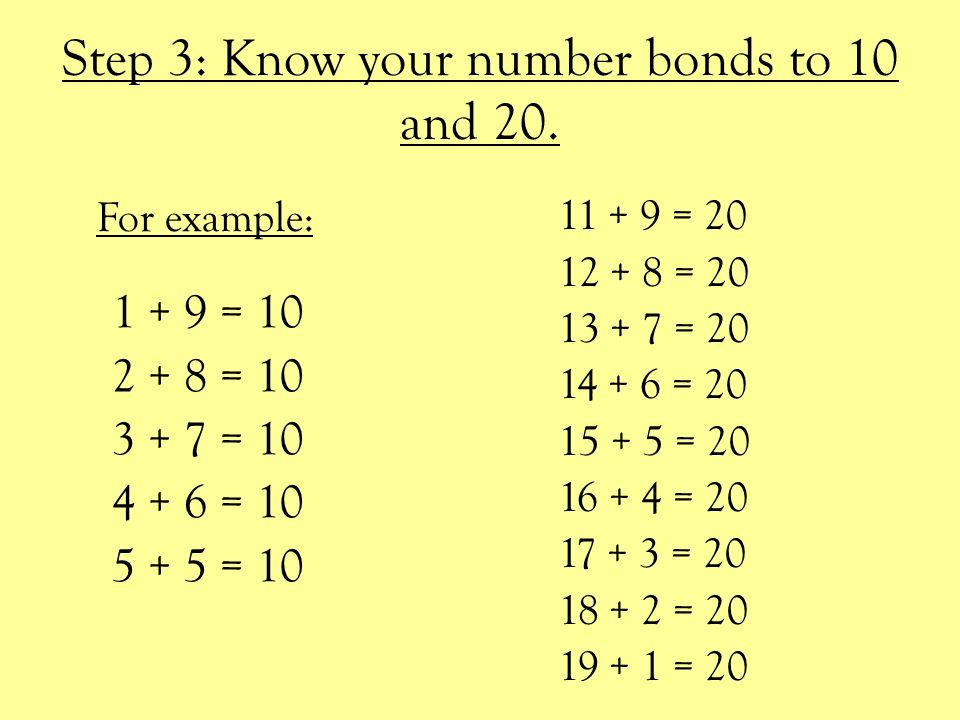 Step 3: Know your number bonds to 10 and 20.
