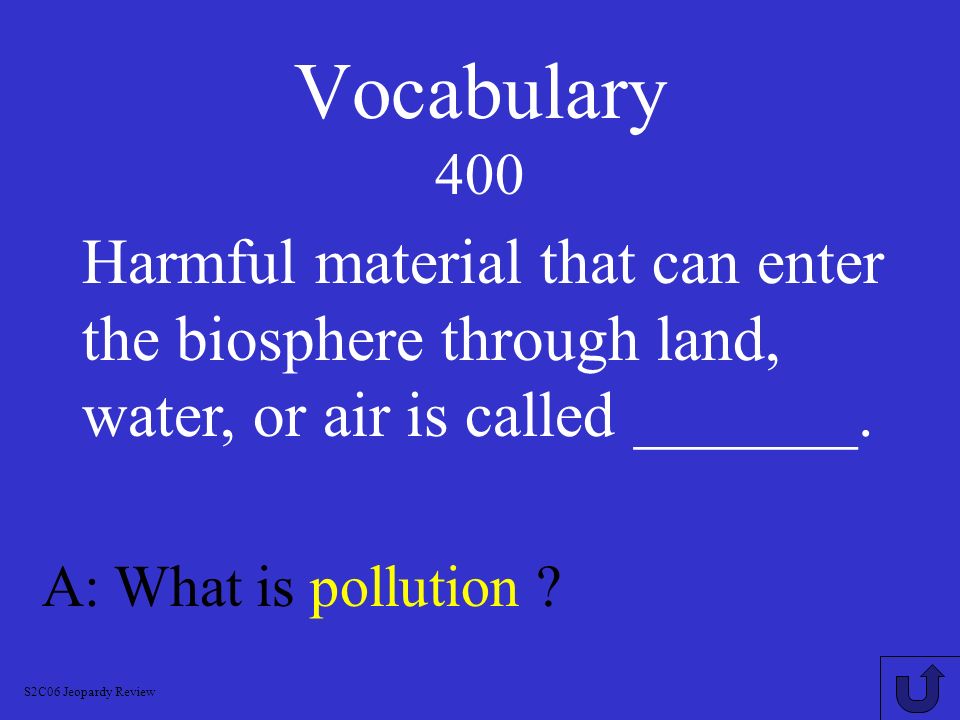 Vocabulary 400 Harmful material that can enter the biosphere through land, water, or air is called _______.