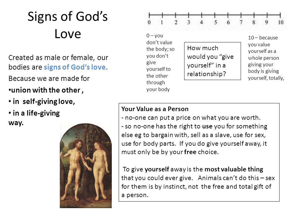 Signs of God’s Love 0 – you don’t value the body; so you don’t give yourself to the other through your body.