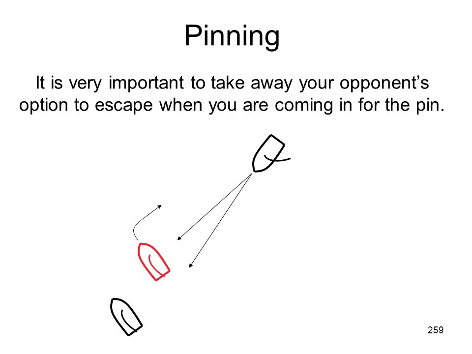 Pinning It is very important to take away your opponent’s option to escape when you are coming in for the pin.