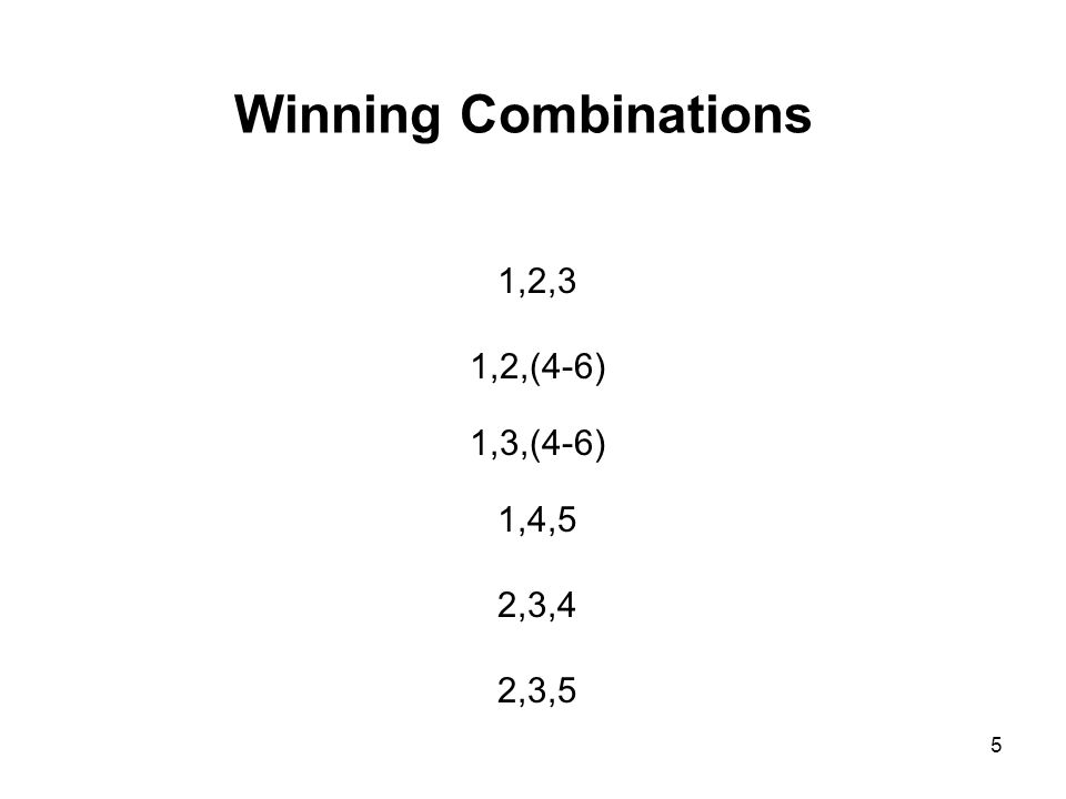 Winning Combinations 1,2,3 1,2,(4-6) 1,3,(4-6) 1,4,5 2,3,4 2,3,5