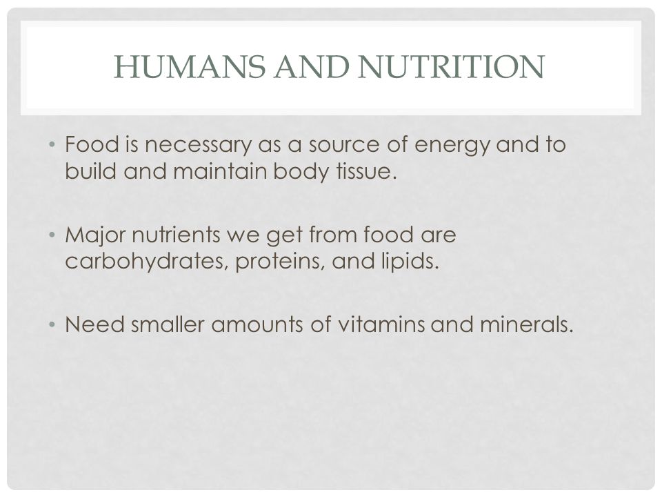 Humans and Nutrition Food is necessary as a source of energy and to build and maintain body tissue.