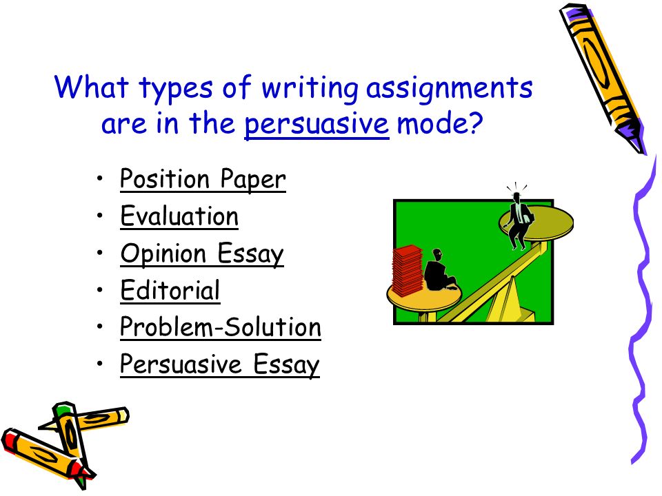 What types of writing assignments are in the persuasive mode