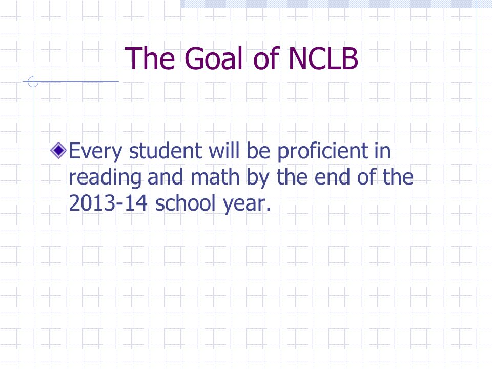 The Goal of NCLB Every student will be proficient in reading and math by the end of the school year.