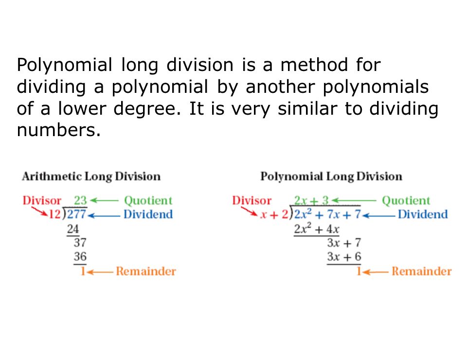 Polynomial long division is a method for dividing a polynomial by another polynomials of a lower degree.
