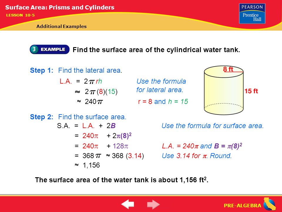 Find the surface area of the cylindrical water tank.