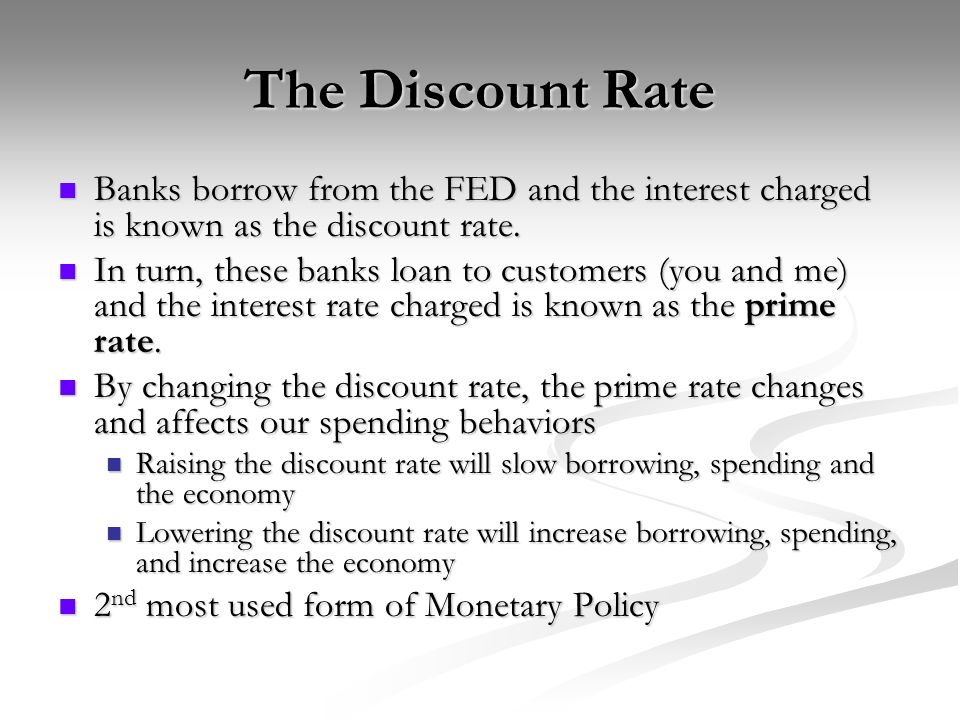 The Discount Rate Banks borrow from the FED and the interest charged is known as the discount rate.