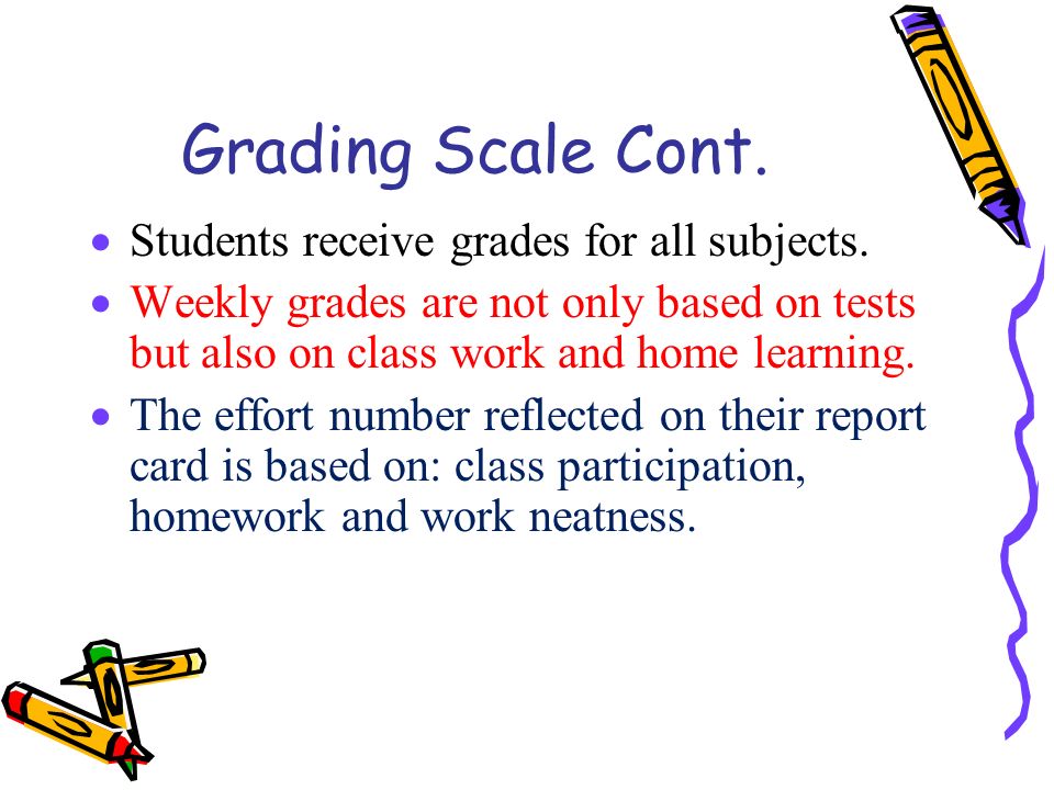 Grading Scale Cont. Students receive grades for all subjects.