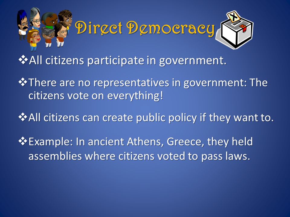 Direct Democracy All citizens participate in government.