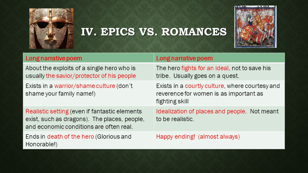 IV. Epics Vs. Romances Long narrative poem